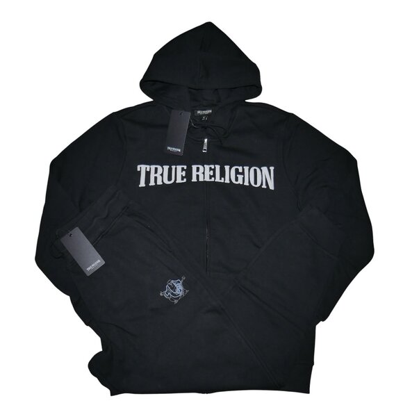 True Religion Men's Fleece Sweatsuit 2 Piece Tracksuit Matching Hoodie Joggers - Picture 13 of 13